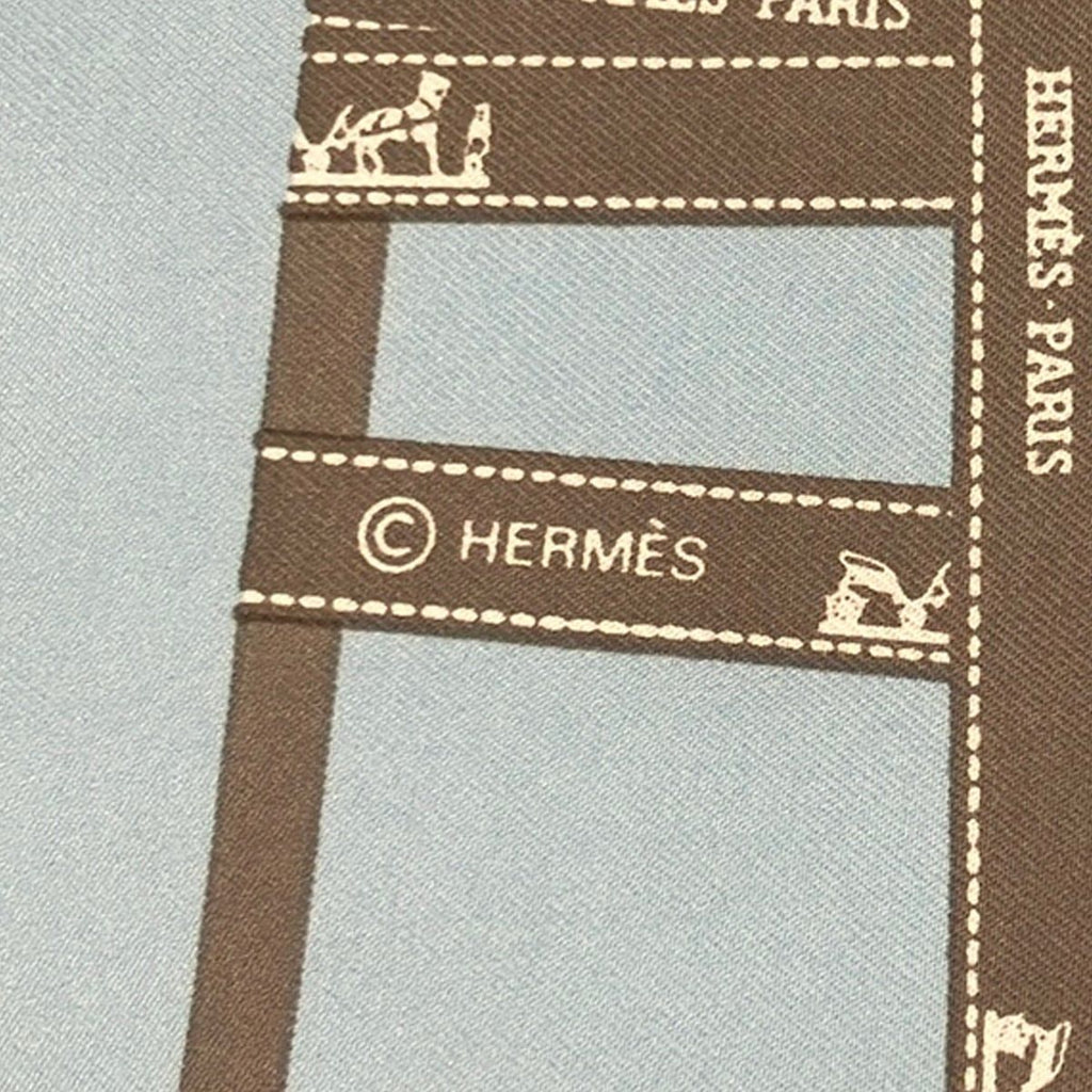 Hermes Scarf Petit Carre Light Blue Gray Ivory Bolduc Ribbon Pattern — view 2