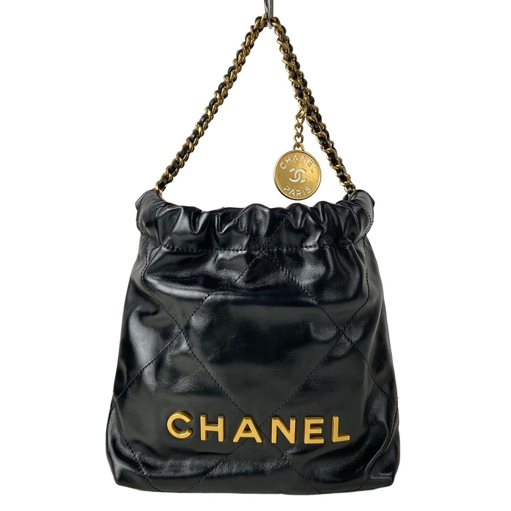 Chanel Handbag 22 Mini Black Chain Handle Vintage Gold Metal