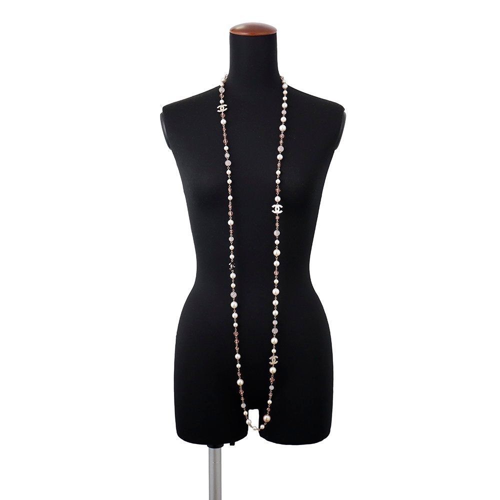 Chanel Long Necklace CC Logo Faux Pearl Beads 08c — view 4