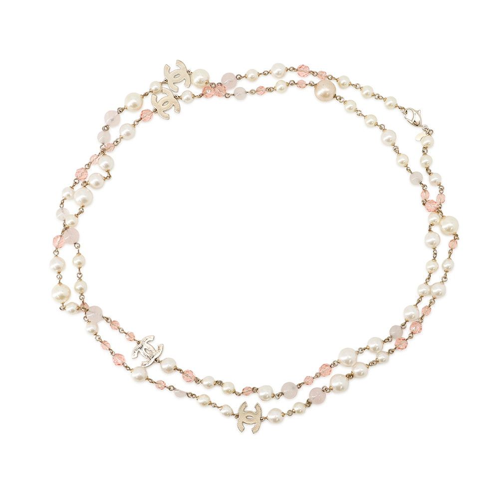 Chanel Long Necklace CC Logo Faux Pearl Beads 08c