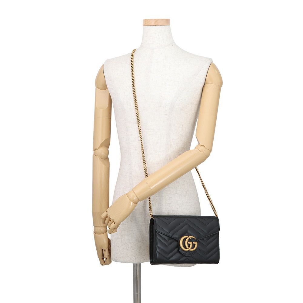 Gucci Chain Wallet GG Marmont Blanc Quilted Double Shoulder Bag Black — view 4