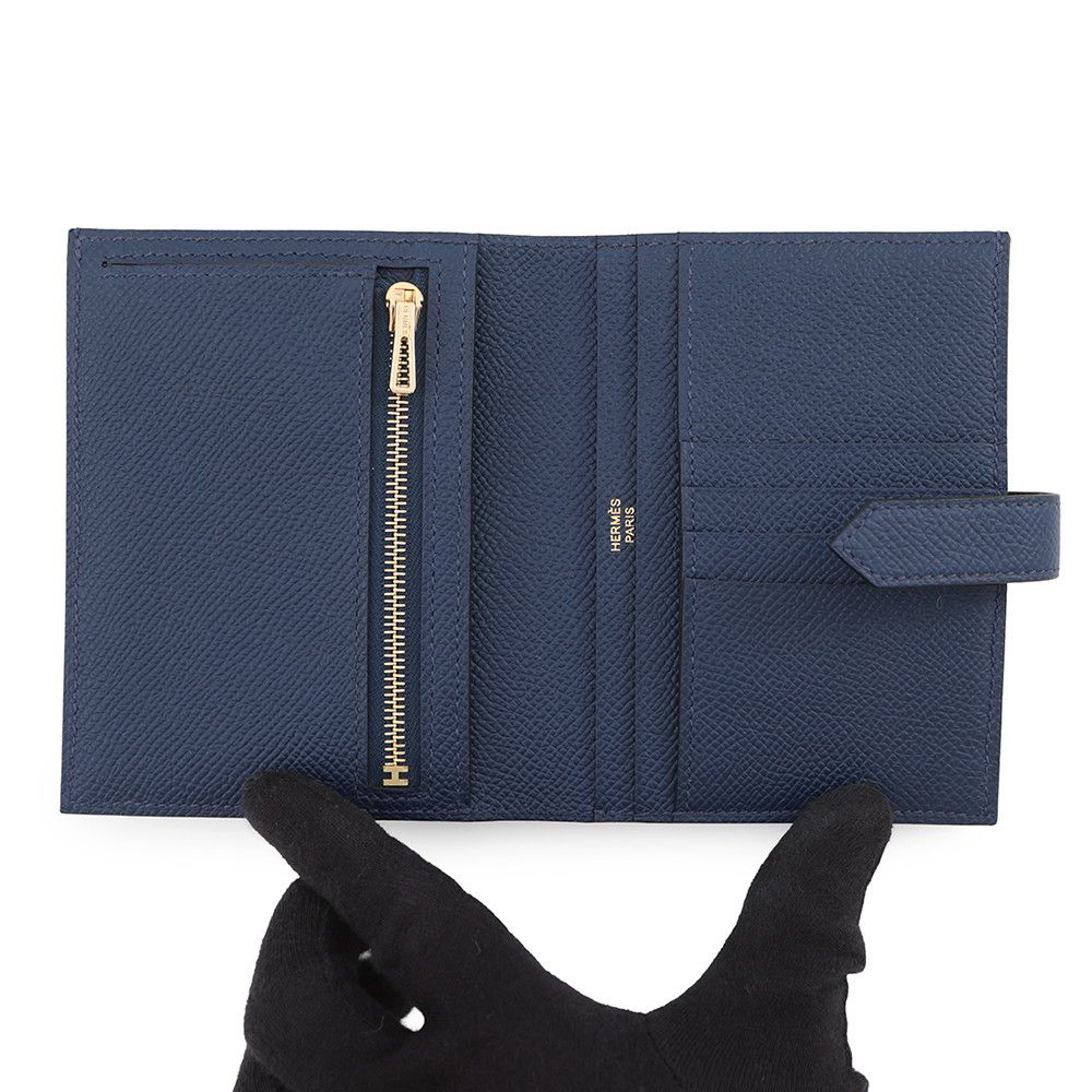 Hermes Bifold Wallet Bearn Compact Blue Navy Gold Epsom — view 4