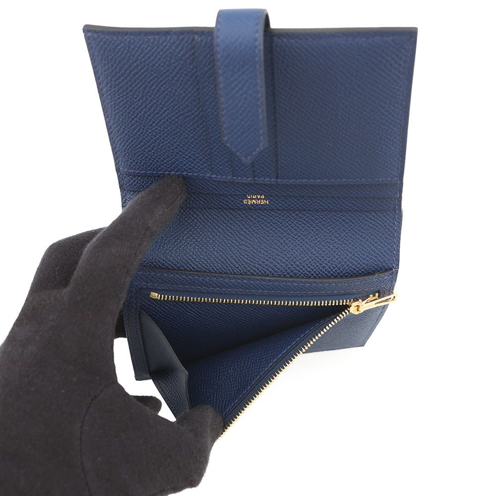 Hermes Bifold Wallet Bearn Compact Blue Navy Gold Epsom — view 6