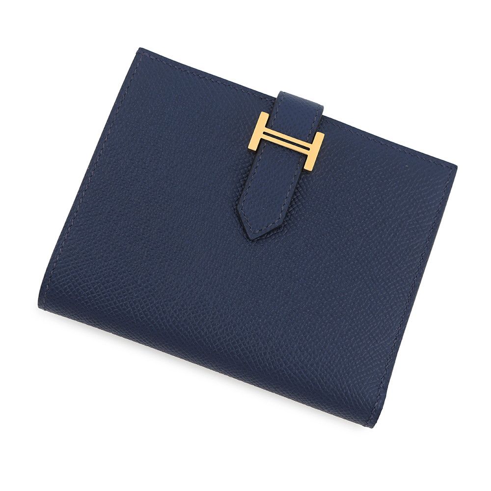 Hermes Bifold Wallet Bearn Compact Blue Navy Gold Epsom