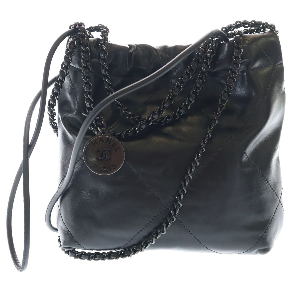 Chanel 22 Mini Shiny Calfskin Leather So Black Chain Shoulder Bag Plate — view 2