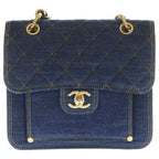 Chanel Quilted Chain Handle Denim 2-Way Bag Gold Indigo Plate