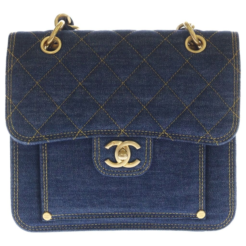Chanel Quilted Chain Handle Denim 2-Way Bag Gold Indigo Plate