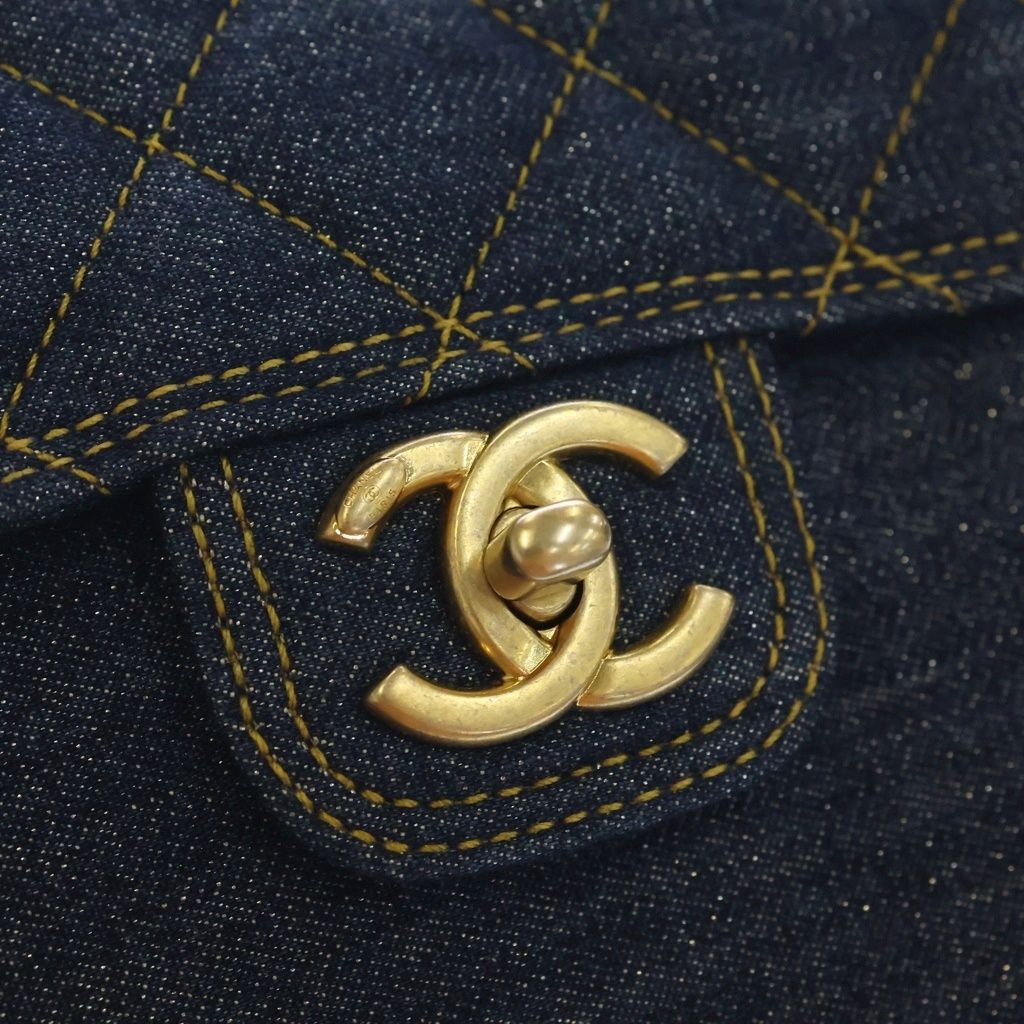 Chanel Quilted Chain Handle Denim 2-Way Bag Gold Indigo Plate — view 6
