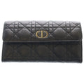 Dior Caro Cannage Wallet Card Case Black Leather Gold