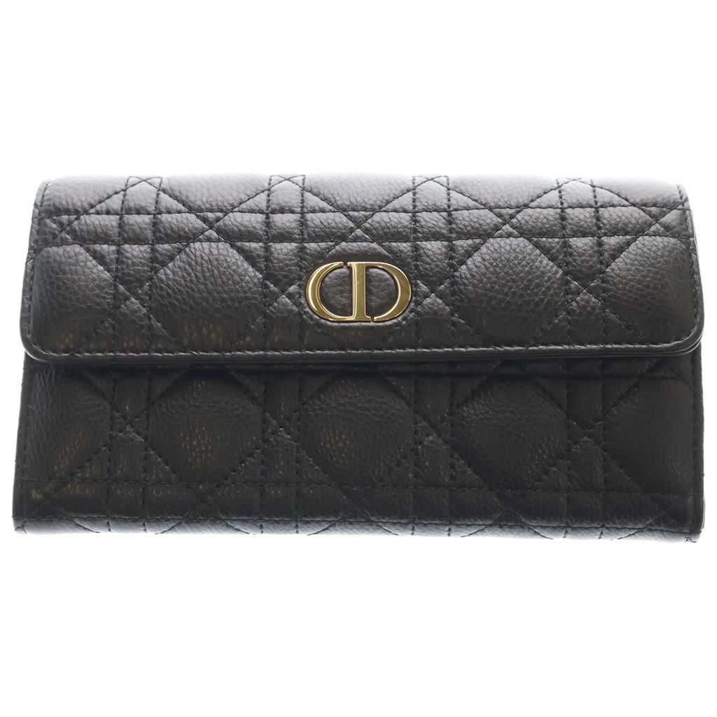 Dior Caro Cannage Wallet Card Case Black Leather Gold