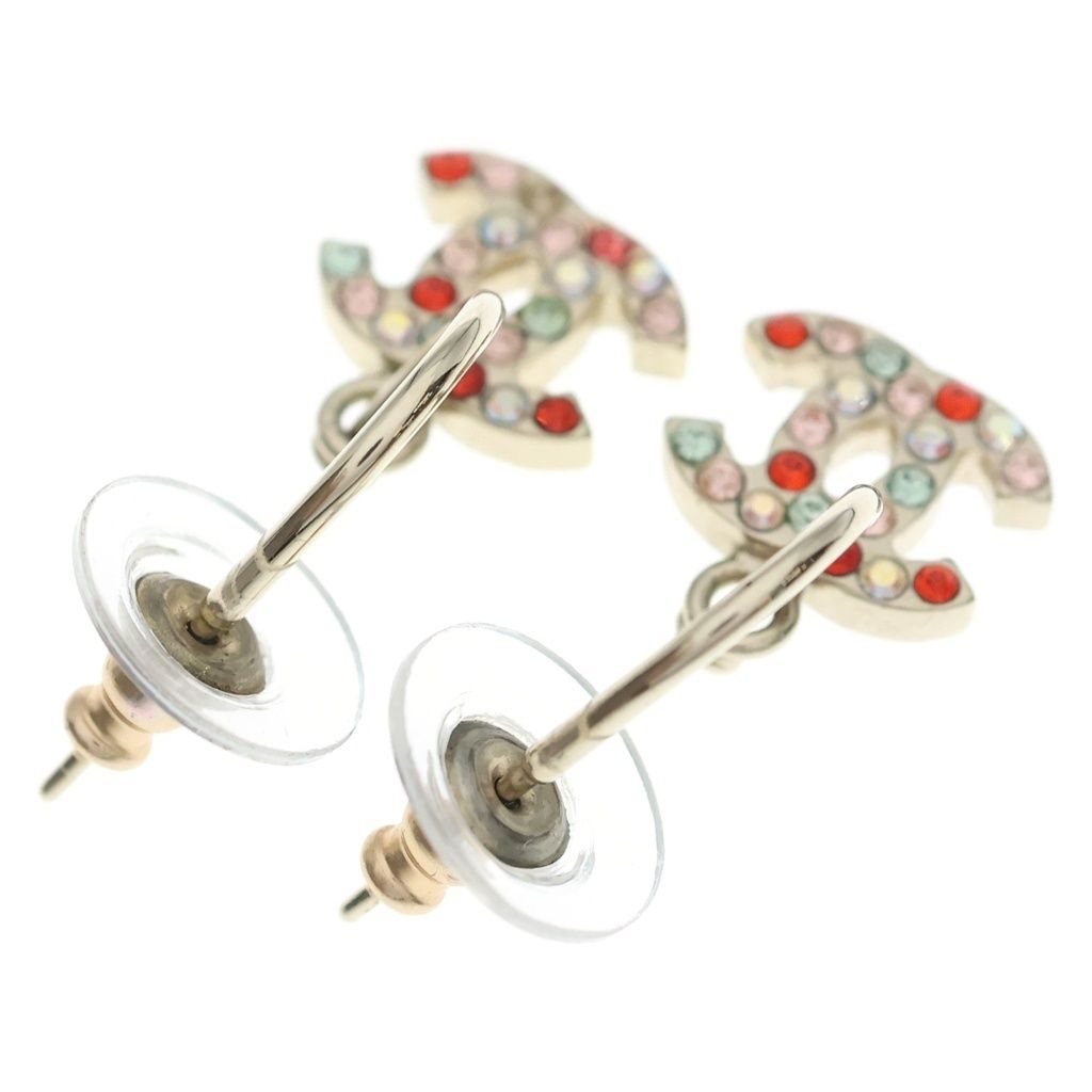 Chanel CC Logo Rhinestone Hoop Earrings Multicolor Silver Metal — view 2