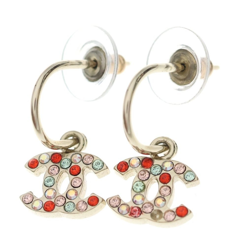 Chanel CC Logo Rhinestone Hoop Earrings Multicolor Silver Metal