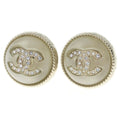 Chanel CC Logo Rhinestone Pearl Round Earrings Gold White