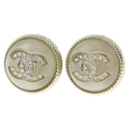 Chanel CC Logo Rhinestone Pearl Round Earrings Gold White