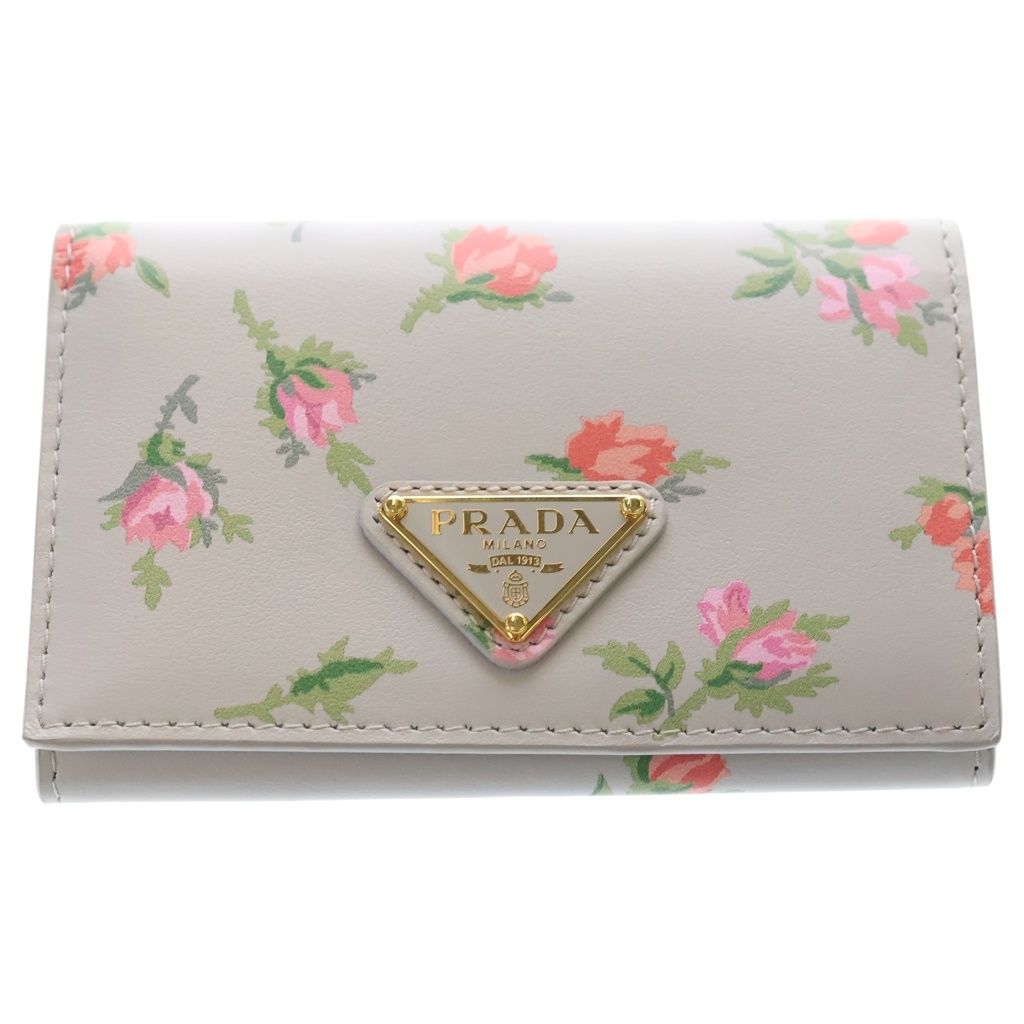 Prada Saffiano Triangle Logo Card Case Compact Wallet Bifold Flower Motif