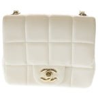 Chanel Choco Bar Mini Flap Lambskin Leather Chain Shoulder Bag Gold White