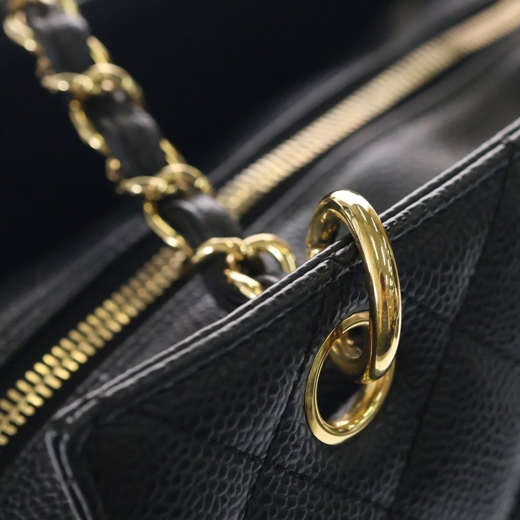 Chanel Quilted Petit Timeless Tote Chain Shoulder Bag Caviar Leather Gold Black — view 6