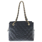 Chanel Quilted Petit Timeless Tote Chain Shoulder Bag Caviar Leather Gold Black
