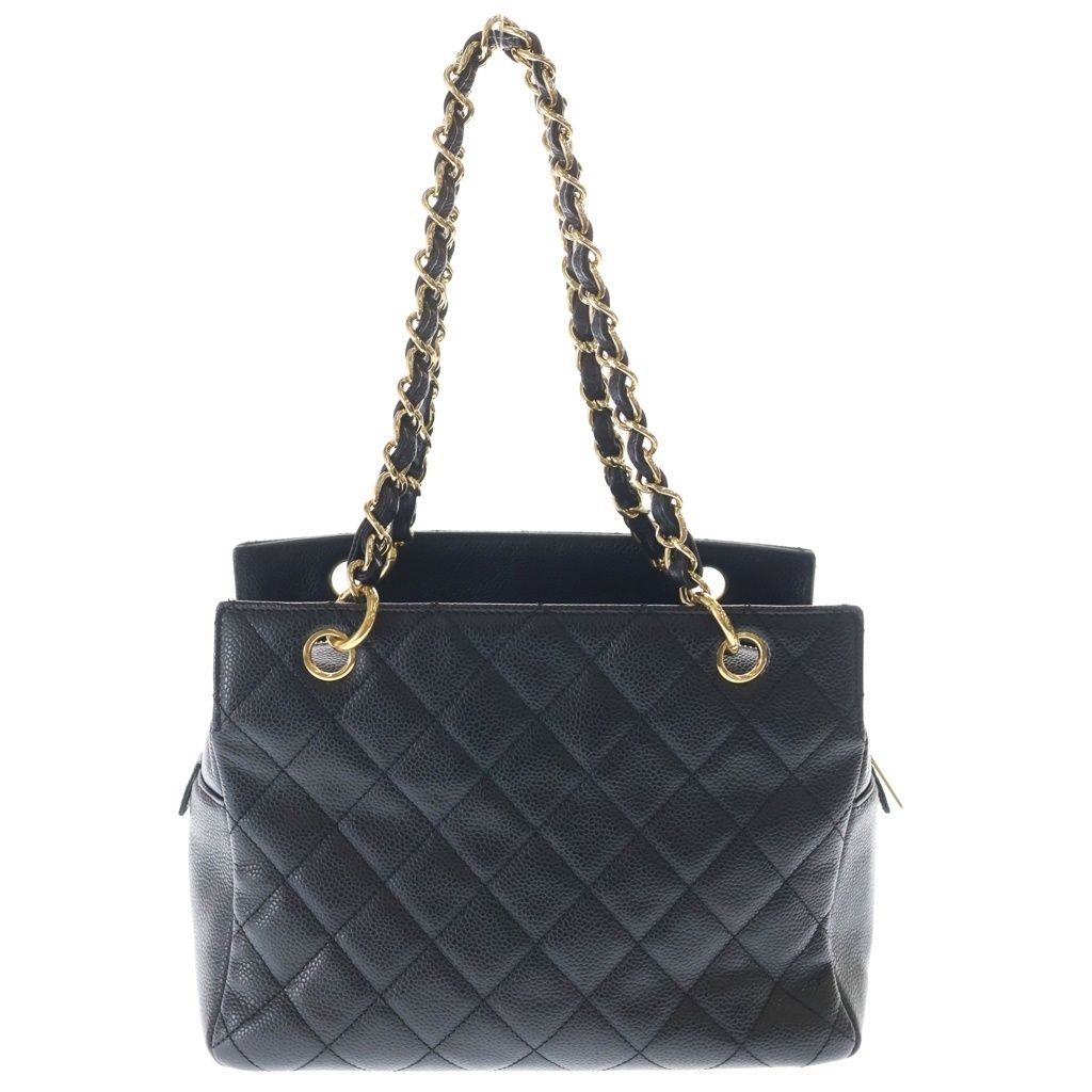 Chanel Quilted Petit Timeless Tote Chain Shoulder Bag Caviar Leather Gold Black — view 2