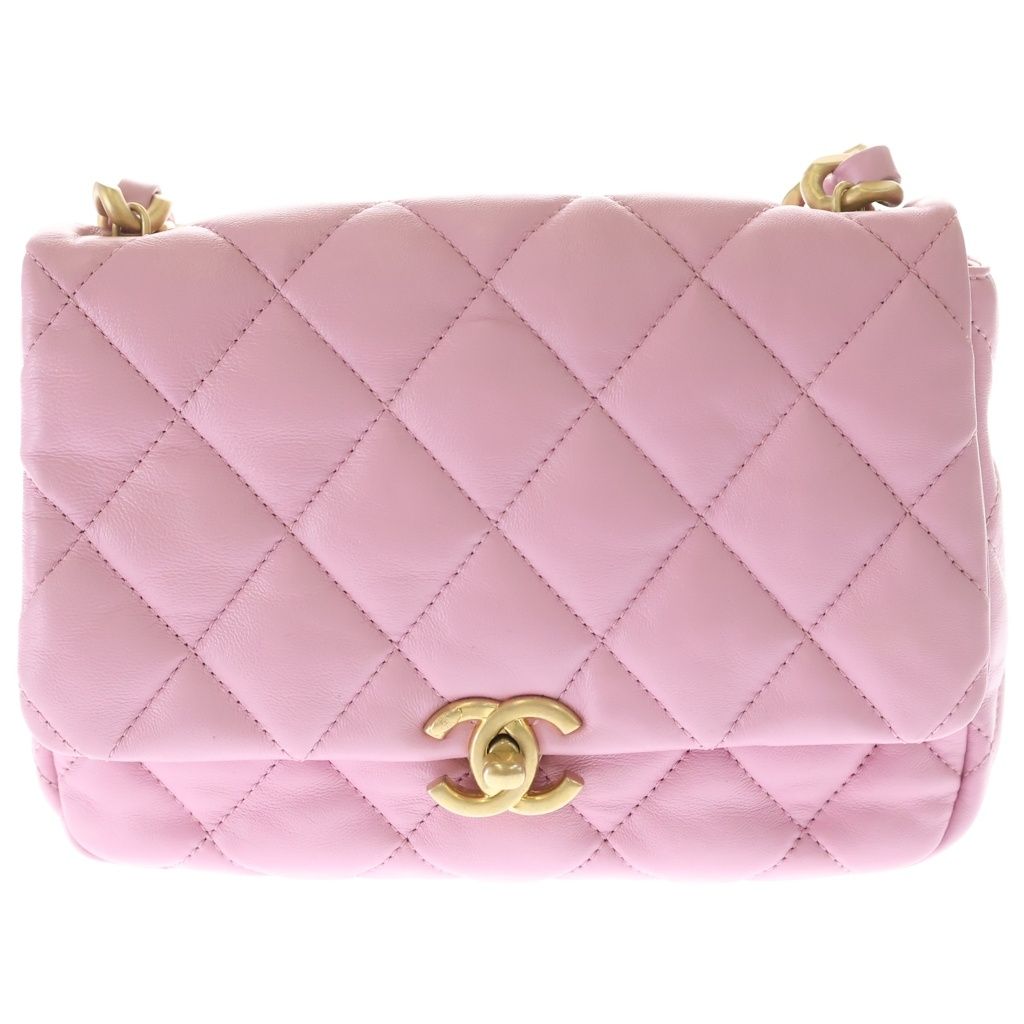 Chanel Quilted Lambskin Leather Chain Shoulder Bag Gold Pink Plate