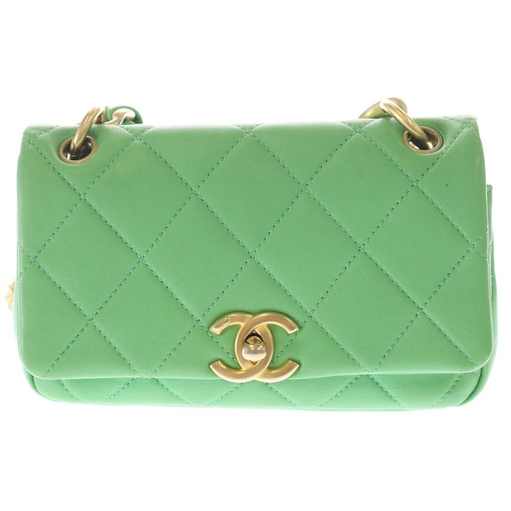 Chanel Quilted 18 Lambskin Leather Chain Shoulder Bag Gold Green