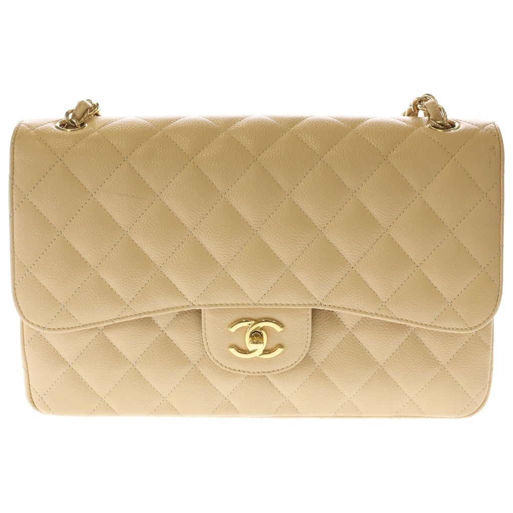 Chanel Deca Quilted 30 Caviar Leather Double Flap Chain Shoulder Bag Gold Beige