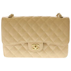 Chanel Deca Quilted 30 Caviar Leather Double Flap Chain Shoulder Bag Gold Beige