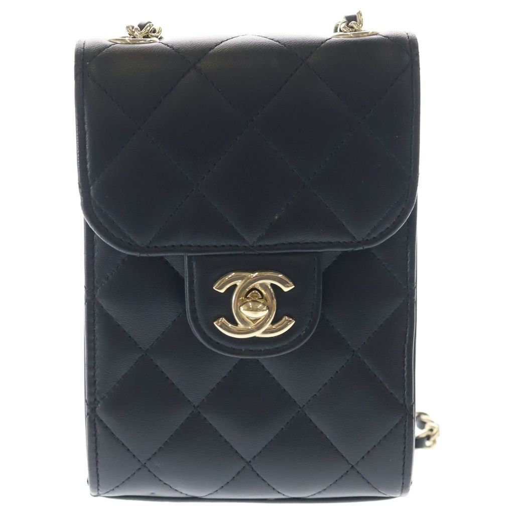 Chanel Quilted Flap Phone Case Lambskin Leather Chain Shoulder Bag Pouch Gold
