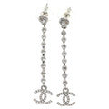 Chanel CC Logo Heart Rhinestone Drop Earrings Silver