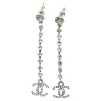 Chanel CC Logo Heart Rhinestone Drop Earrings Silver