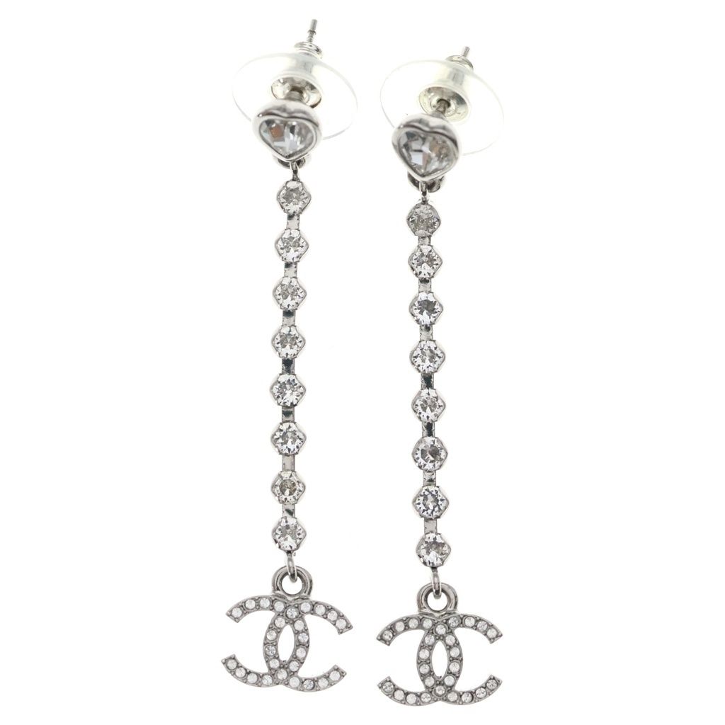 Chanel CC Logo Heart Rhinestone Drop Earrings Silver