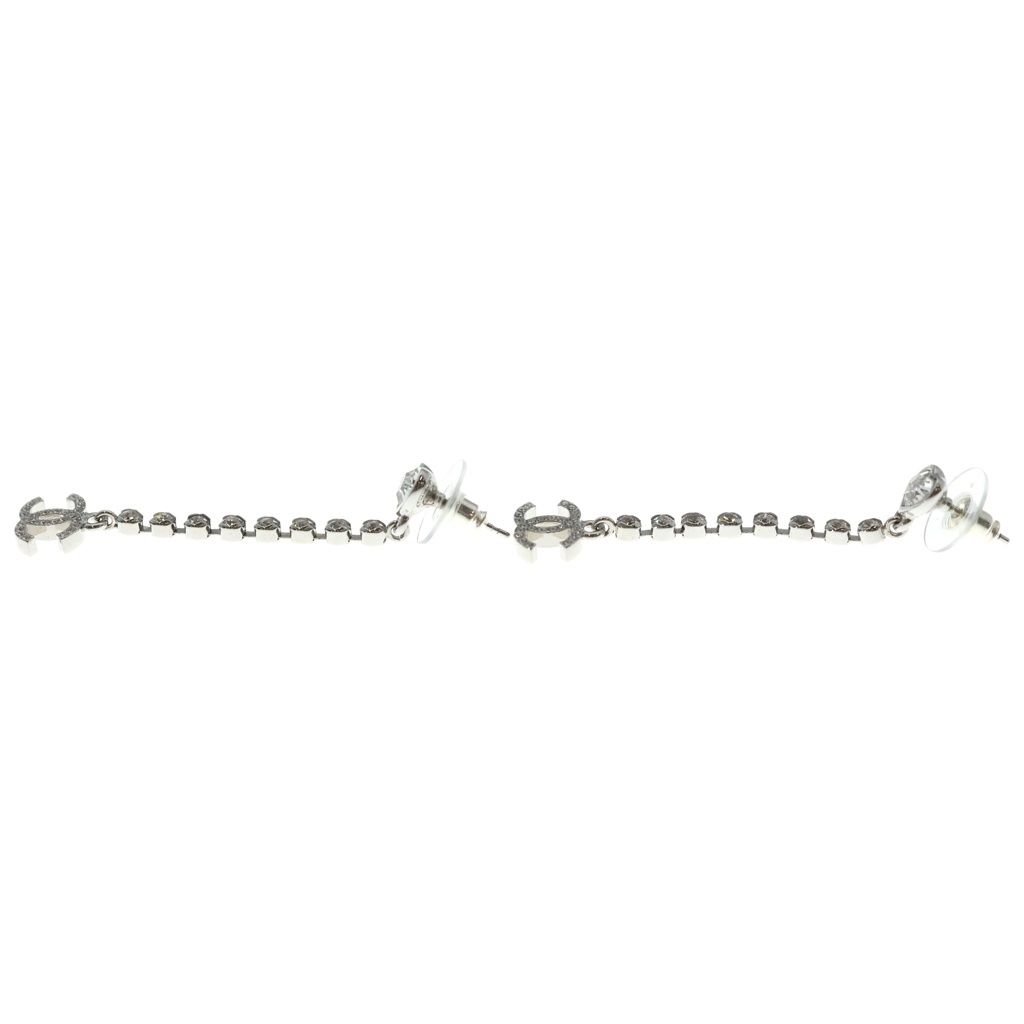 Chanel CC Logo Heart Rhinestone Drop Earrings Silver — view 3