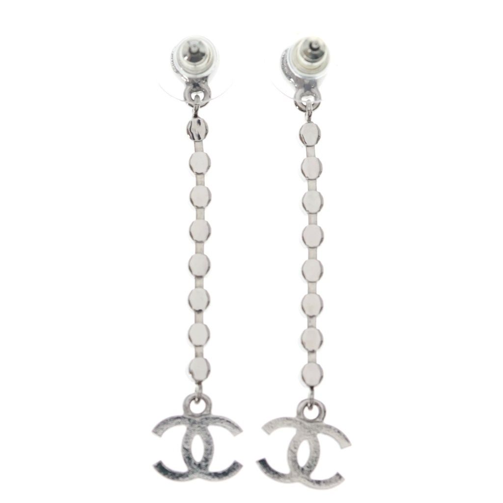 Chanel CC Logo Heart Rhinestone Drop Earrings Silver — view 2