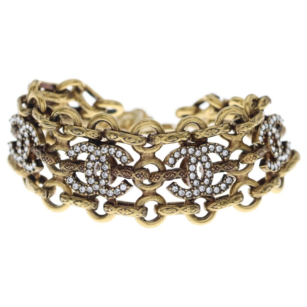Chanel CC Logo Rhinestone Chain Bracelet Gold — view 4