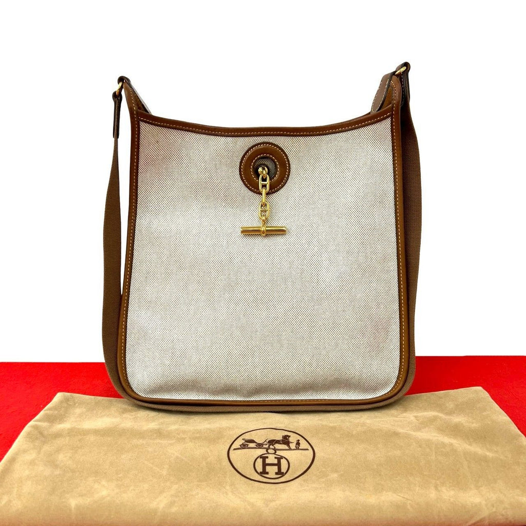 Hermes Vintage Vespa PM Toile Ash Buffalo Leather Shoulder Bag Natural