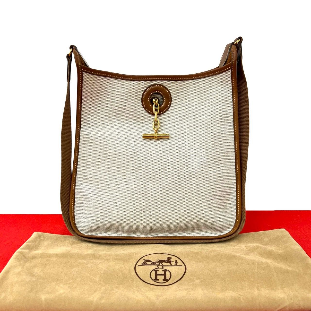 Hermes Vintage Vespa PM Toile Ash Buffalo Leather Shoulder Bag Natural