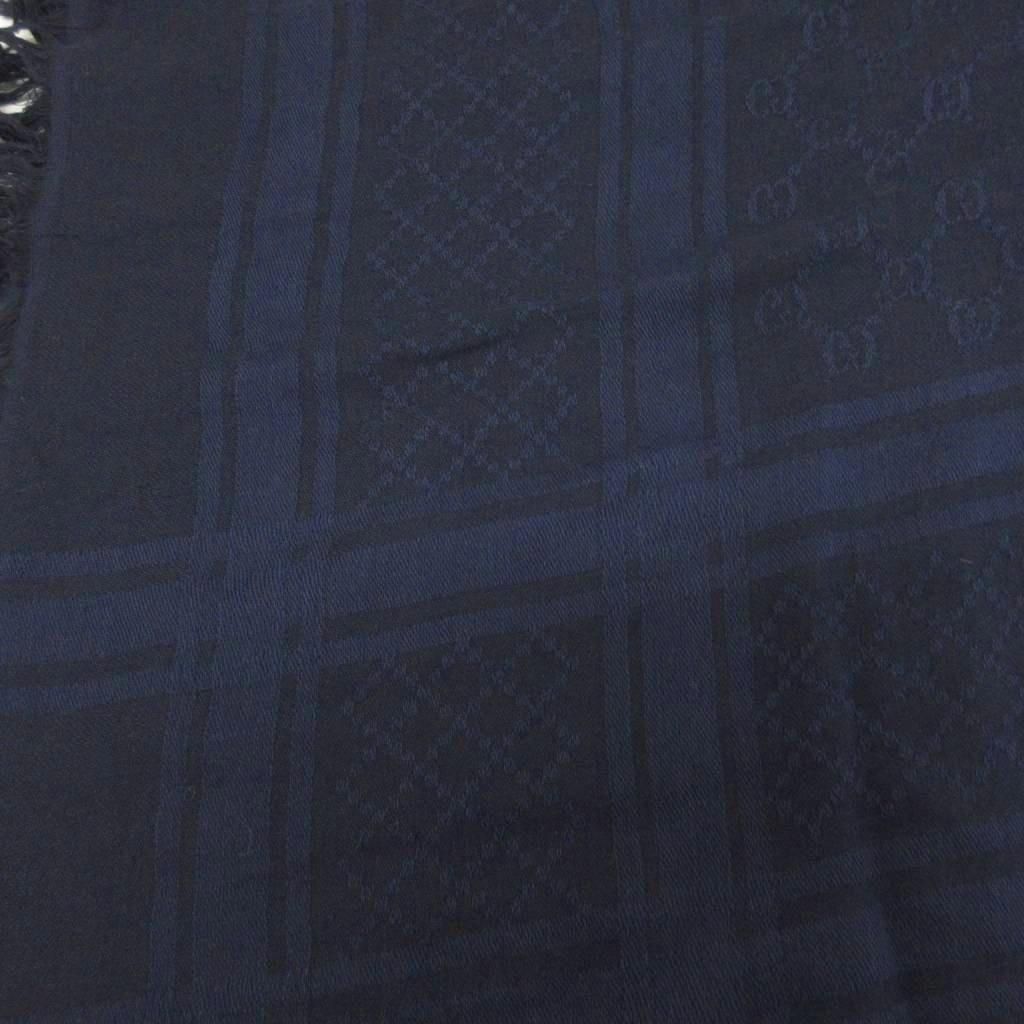 Gucci GG Pattern Scarf Shawl Fringe All Over Cotton Blue Black — view 6