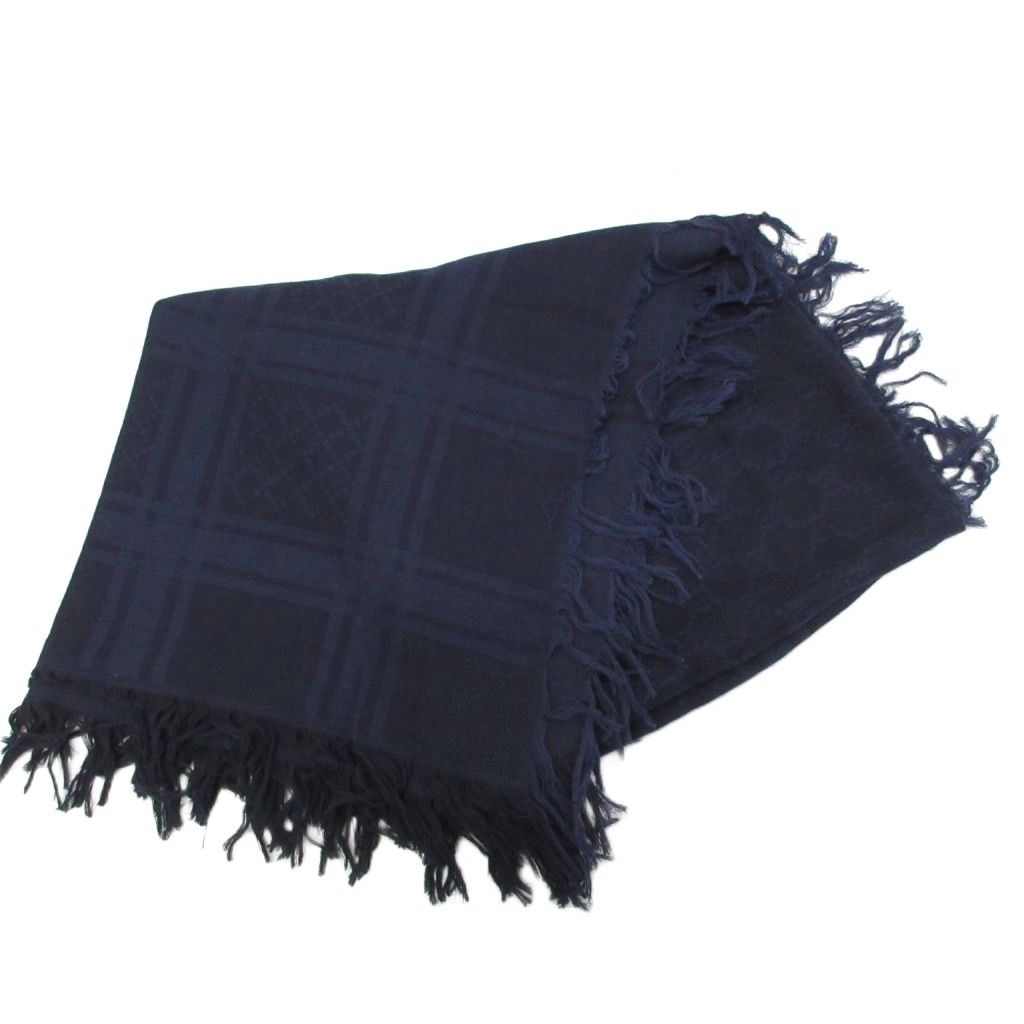 Gucci GG Pattern Scarf Shawl Fringe All Over Cotton Blue Black — view 2