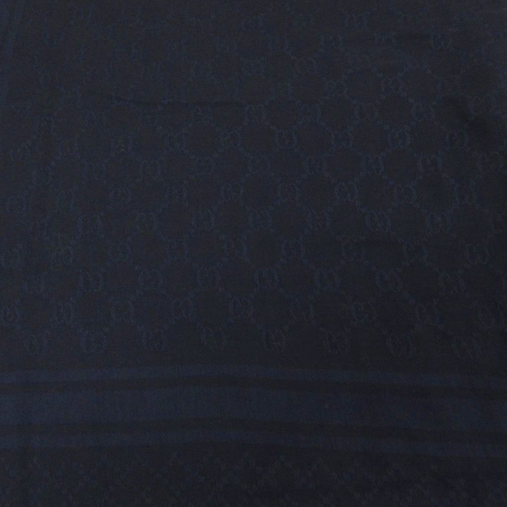 Gucci GG Pattern Scarf Shawl Fringe All Over Cotton Blue Black — view 5