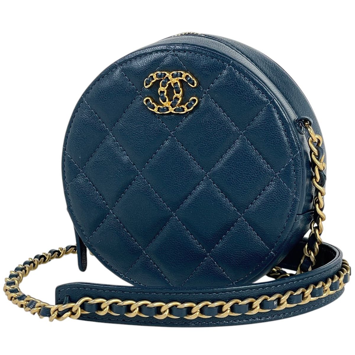 Chanel CC Logo Chain Shoulder Bag Quilted Round Leather Blue