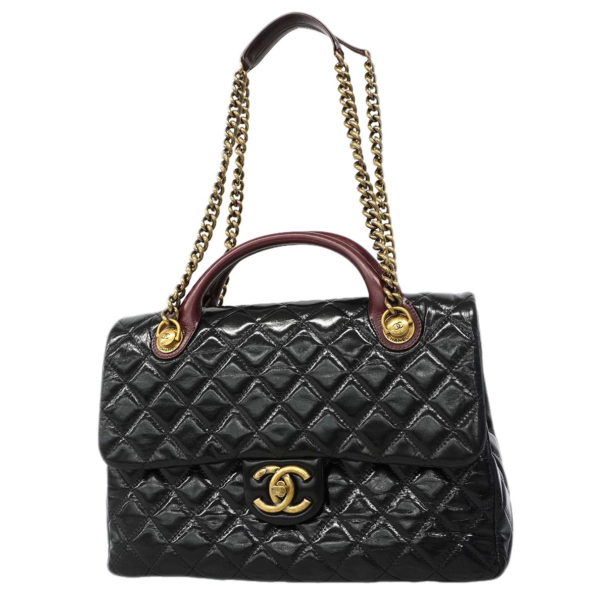Chanel Handbag Quilted Leather Black Gold 2-Way