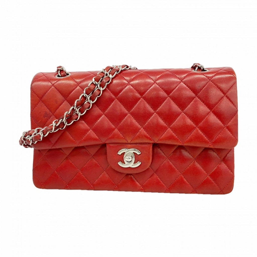 Chanel Shoulder Bag Quilted Lambskin Red Silver