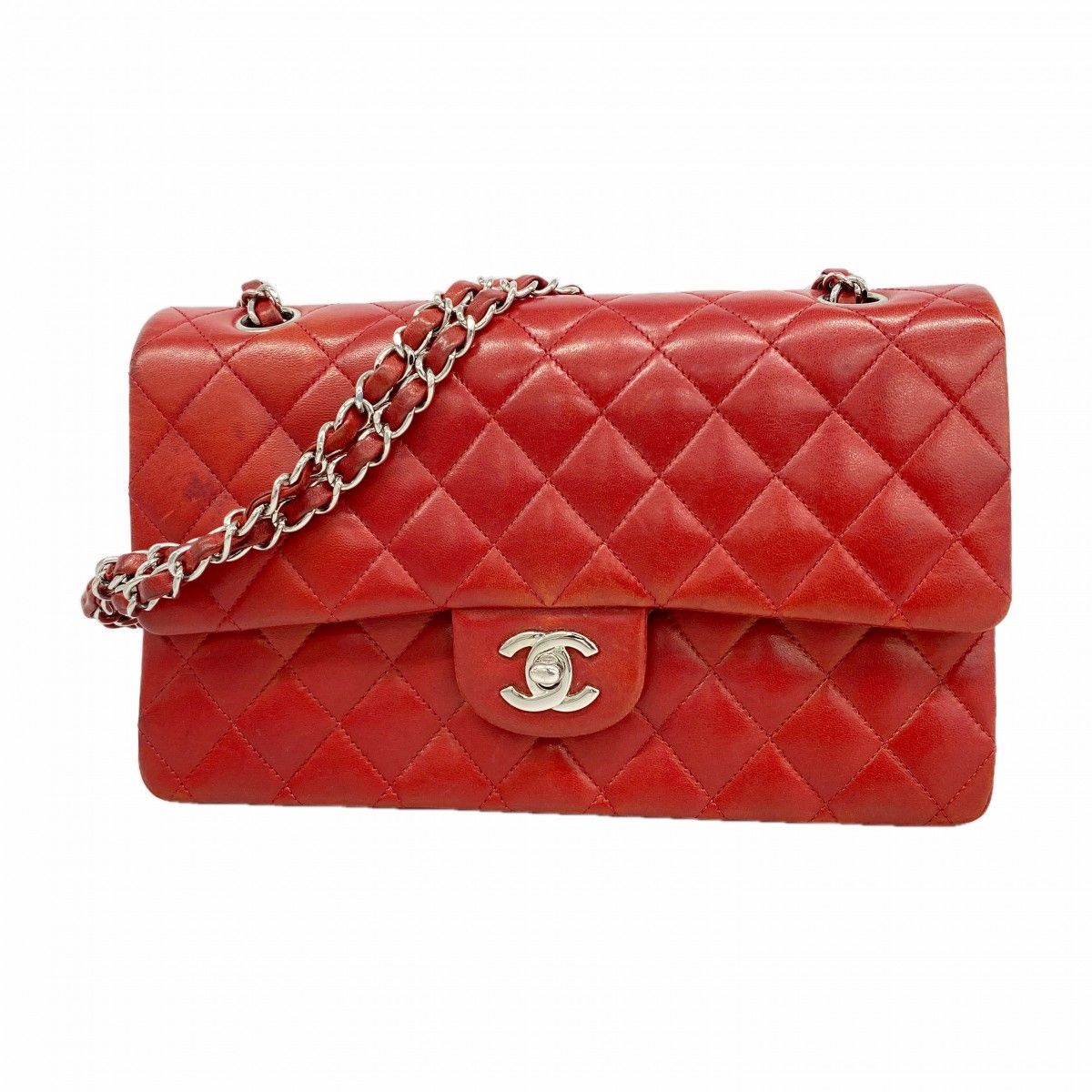 Chanel Shoulder Bag Quilted Lambskin Red Silver