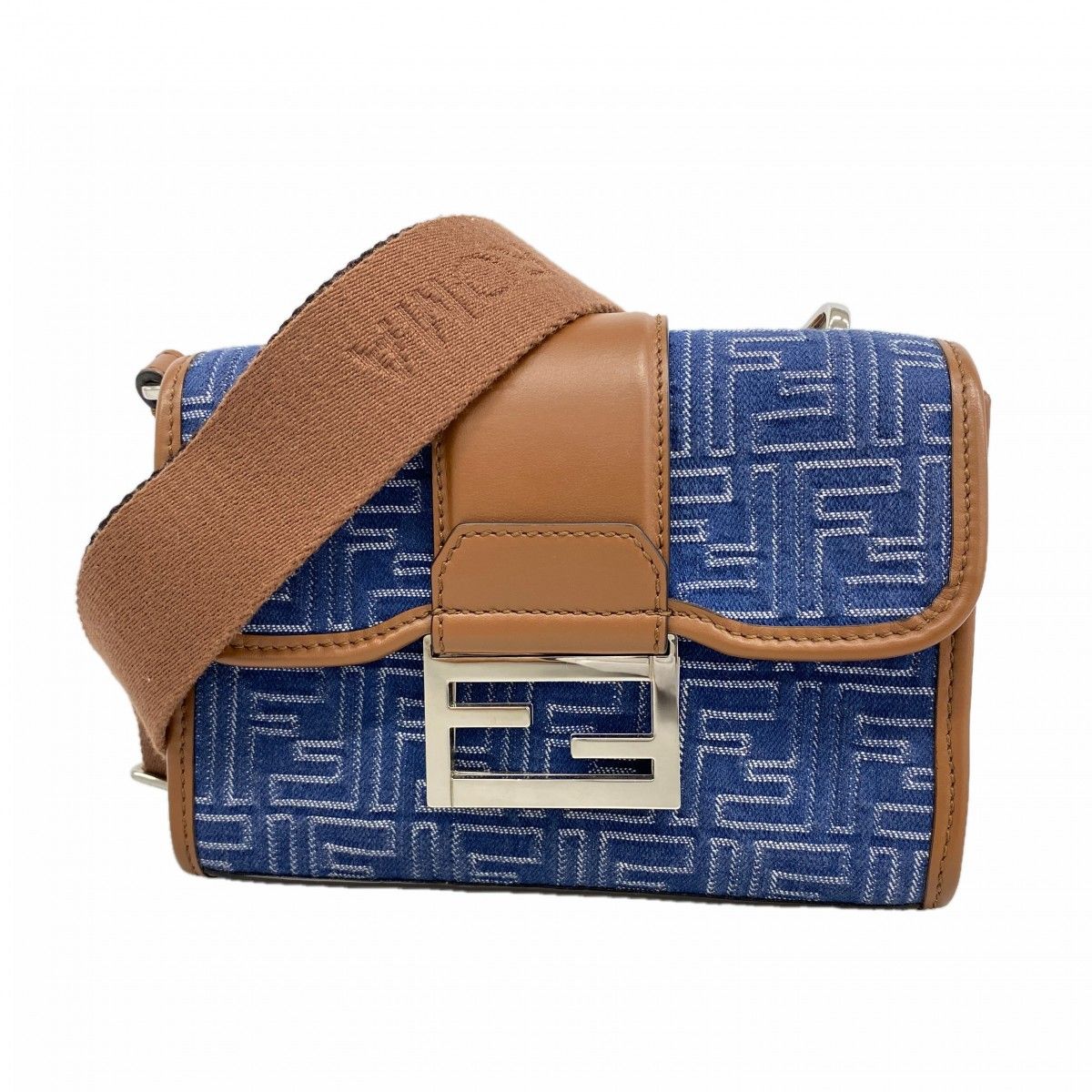 Fendi Shoulder Bag Double Bucket Leather Denim Blue Brown Silver