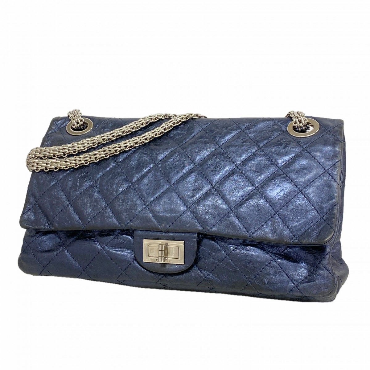 Chanel Shoulder Bag 2.55 Quilted Calf Metallic Navy Silver