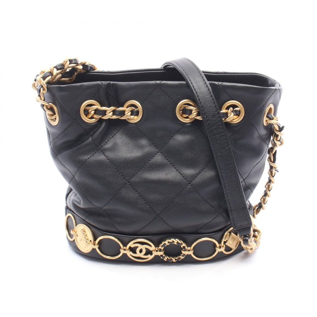 Chanel Shoulder Bag Quilted Drawstring Small Black Lambskin
