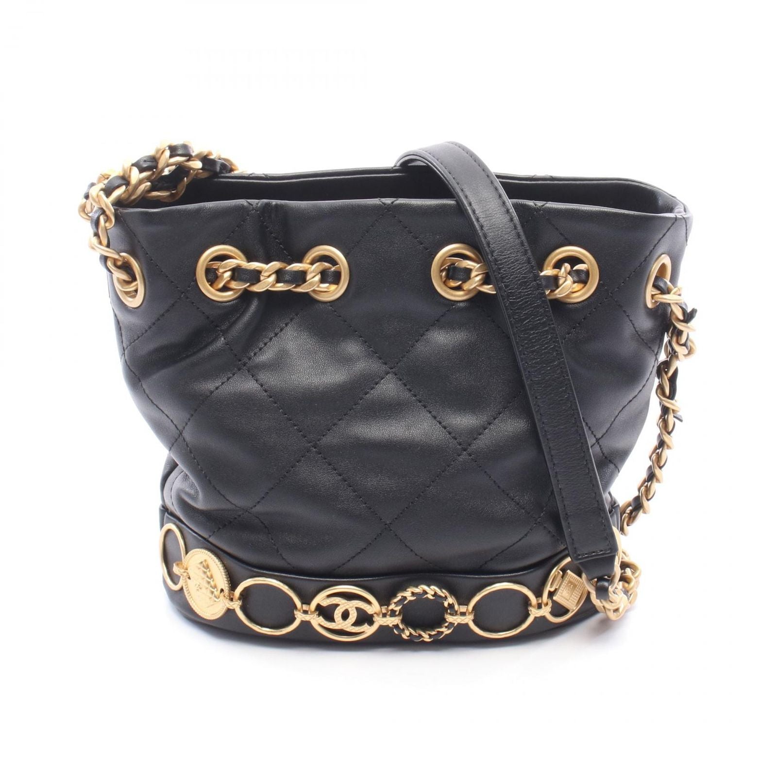 Chanel Shoulder Bag Quilted Drawstring Small Black Lambskin