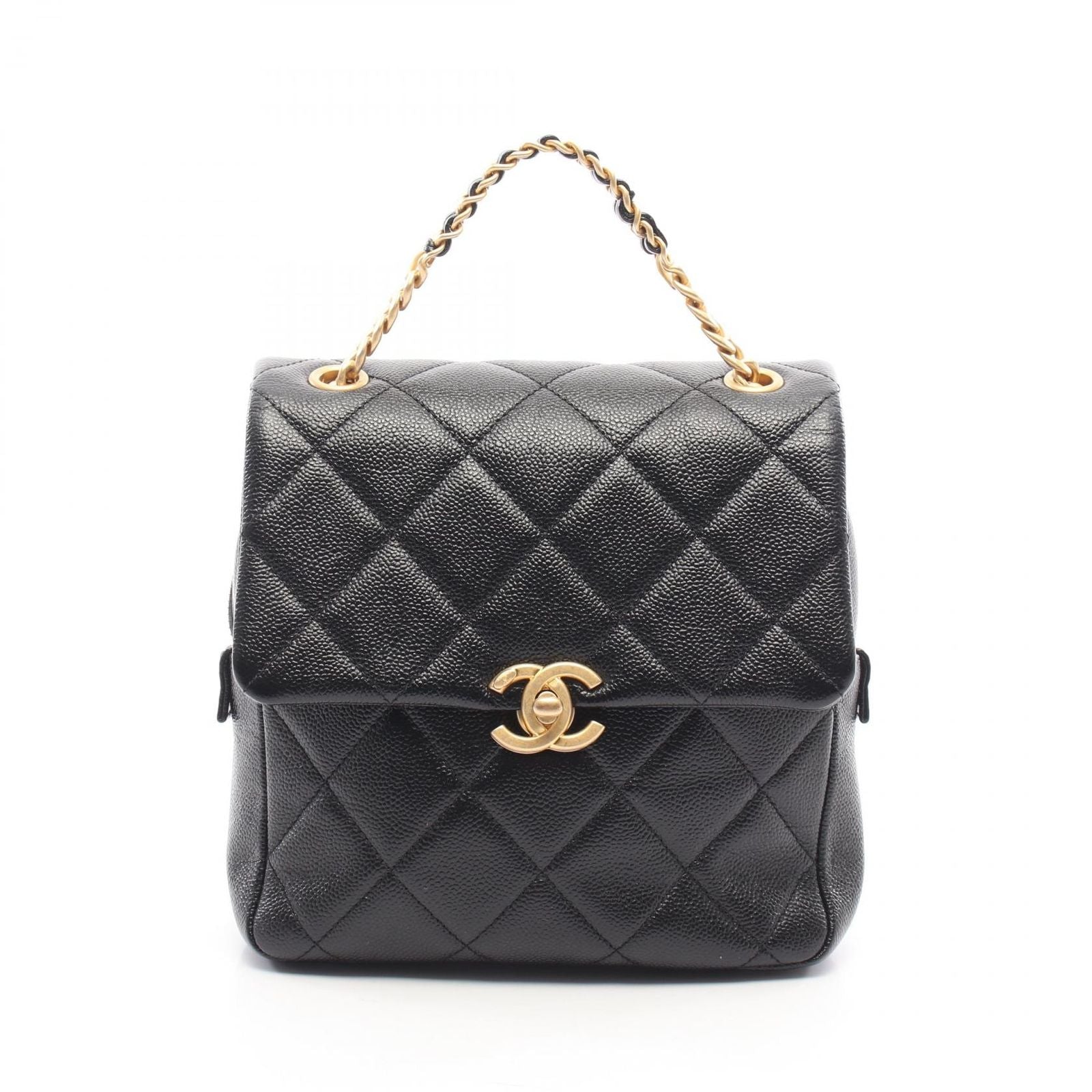 Chanel Backpack Quilted Chain Black Caviar Leather Square