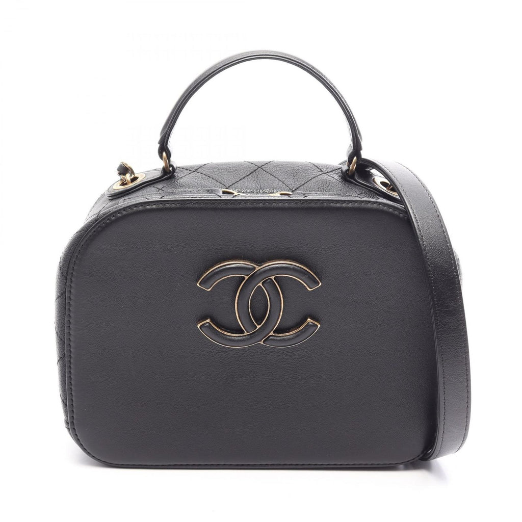 Chanel Shoulder Bag Quilted Vanity 2-Way Black Leather CC Logo Chain