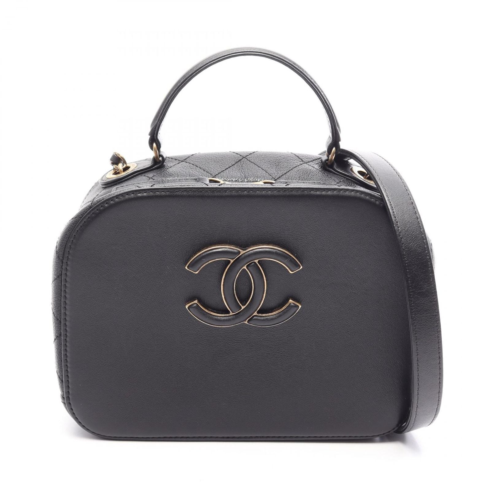 Chanel Shoulder Bag Quilted Vanity 2-Way Black Leather CC Logo Chain